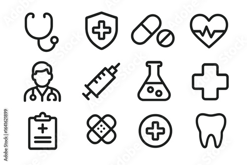 Medical and Healthcare Line Icon Set. Vector Outline Concept for Hospital, Doctor, Pharmacy, Laboratory, Emergency, Health Insurance, Report, Dentist, Pills, Bandage, Syringe, Heart, Cross