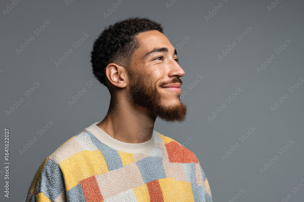 Fototapeta premium cheerful man wearing ultrabright tshirt is smiling and gazing into distance radiating hope