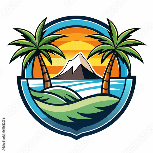Vector art of emblematic design showcasing a tropical island with palm trees, a snowcapped mountain in the distance, and serene ocean waters under a vibrant sunset