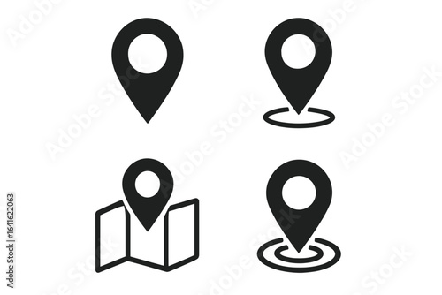 Location pointer map pins set. GPS markers, geolocation icons, navigation wayfinder symbols. Vector flat icons for mobile app, website UI, route planning, maps, place indicator, address find tools.