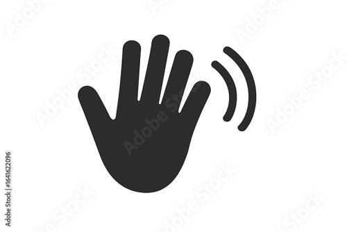 Hello gesture waving hand icon. Simple flat vector for greeting, welcome or goodbye. Human palm silhouette with motion lines. Friendly sign isolated on background.