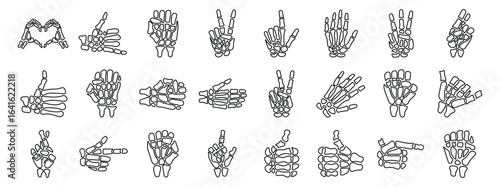 Skeleton bone gesture icons set. Collection of skeleton hands forming different signs, ideal for halloween designs or anatomy illustrations