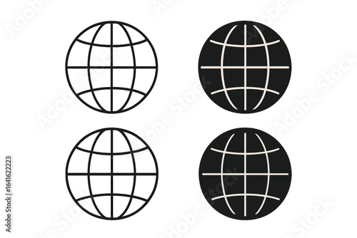 Globe icons set, web globe flat linear icons, silhouette of globe with meridians, vector elements, globe vector illustration on transparent background, global network symbols