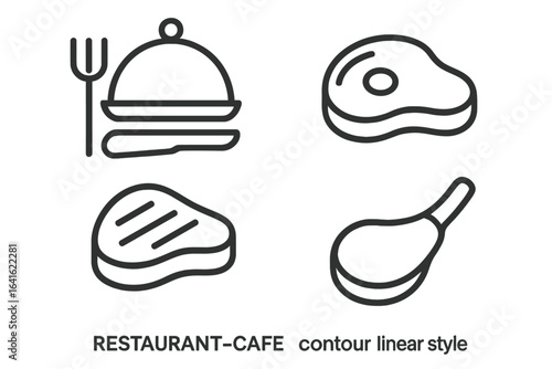 Restaurant and Cafe Line Art Icons Set, Food Symbols of Pork, Beef, Lamb, Serving Platter and Cutlery, Linear Outline Vector for Menu, App, Website Design