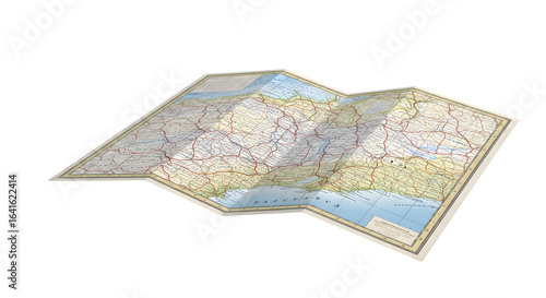 A folded paper map showing various routes and locations, isolated on transparent background