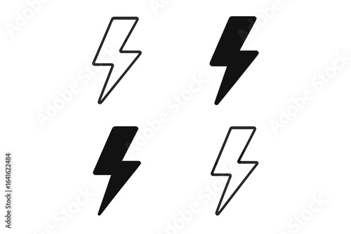 Lightning Bolt Icon Set, Flat Outline and Silhouette Flash Symbols, High Voltage Energy Charge Signs, Vector Elements and Illustrations with Transparent Background