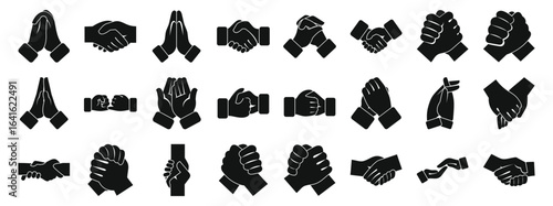 Clasped hands icons set. Black silhouettes of hands shaking, clasped, and in prayer, symbolizing cooperation, trust, and spirituality