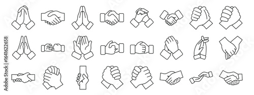 Clasped hands icons set. Line art icons represent diverse hand gestures, symbolizing prayer, agreement, greeting, and collaboration