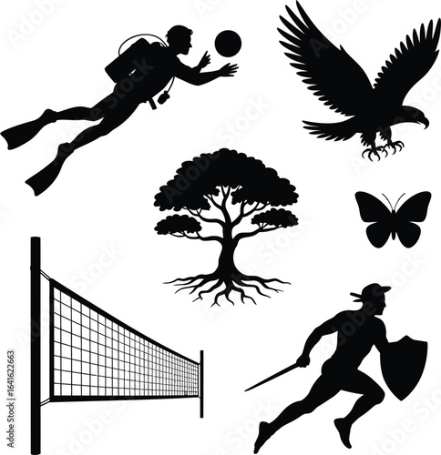 Diverse Silhouette Collection Featuring Sports Nature and Warrior Elements