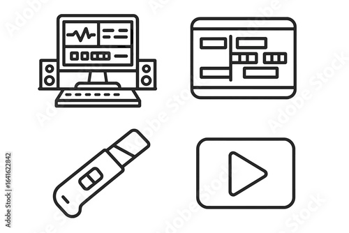 Film Editing Suite Outline Icons Set. Professional Video Editing Workstation, Digital Timeline Interface, Movie Cutting Blade Tool, Playback Screen Symbol. Modern Vector Illustration.