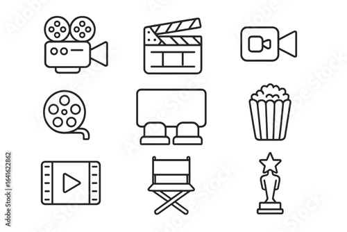 Cinema and Film Vector Icon Set. Movie symbols collection. Line style film equipment, director chair, popcorn, clapperboard, award. Editable outline pictograms for web, app, graphic resources.