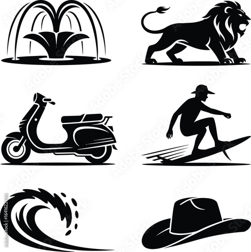 Silhouette collection of fountain lion scooter surfer wave and cowboy hat water animal