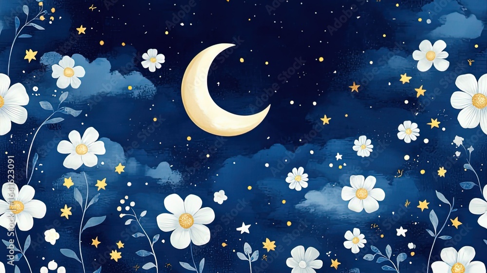 Fototapeta premium White flower and crescent moon pattern on gradient blue background, decorative, for cards posters packaging