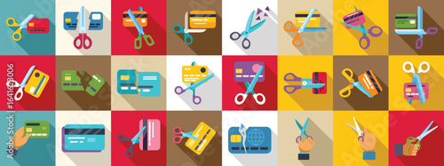Cutting credit card icons set. Multiple illustrations showing scissors cutting credit cards, symbolizing cutting expenses, reducing debt, and financial management