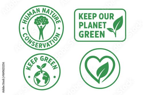 Eco conservation stamps, green earth logos, planet protection symbols, human nature preservation, keep planet green, sustainability, environmental awareness vector set, isolated transparent design