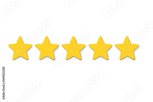 Five gold rating stars with shadow, product review icons, feedback quality assessment, customer satisfaction ranking, vector illustration isolated on white background for business service evaluation