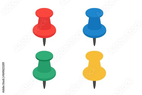 Set of Colorful Pushpin Icons Isolated on White. Vector Flat Design Location Pointers. Map Pins, Marker Symbols for Applications, Planning, Organization, Navigation, Websites, Office Use