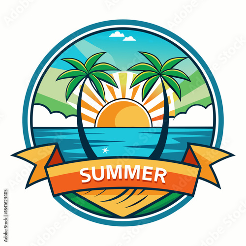 Vector art of summer vacation on a tropical island beach with palm trees, ocean, and a banner proclaiming summer, set against a vibrant sunrise