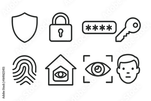 Security and Safety Icons. Shield, Locking Padlock, Password, Safe Key, Data Protection, Smart Home Security, Cybersecurity, Fingerprint Authentication, Retina Scan, Facial Recognition