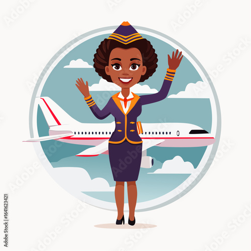 Flight attendant character waving with airplane background, vector illustration