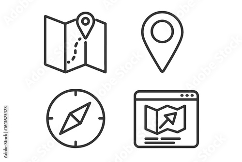 Set of conceptual navigation and location icons, vector flat linear style for websites, apps, graphic resources, travel, maps, direction, GPS, compass, and digital maps