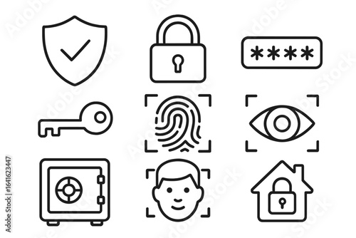 Cyber security vector icons set. Data protection shield, padlock, password, safe, key, fingerprint and retina scanner, smart home, access authentication. Privacy and safety technology illustration.