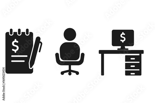 Financial planning icons set. Solid filled business planning, budgeting, accounting, and advisory illustration with notepad, pen, office chair, computer desk, vector for finance consultation