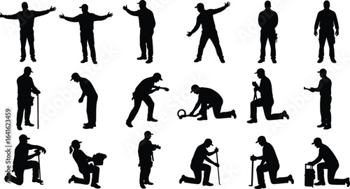 Silhouettes of construction workers in various poses, inspecting, working with tools, kneeling, standing, and communicating on white background