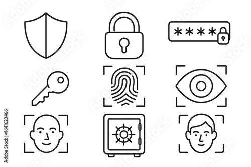 Cyber security and data protection icons. Shield, padlock, password, key, fingerprint, retina scan, safe, smart authentication, biometric verification symbol set. Digital safety and privacy concept.