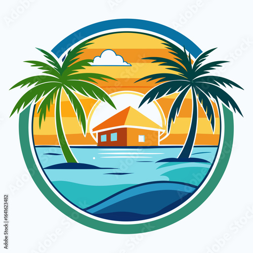Vector art of idyllic tropical island paradise with palm trees, a cozy house, and calm ocean waters during a vibrant sunset, ideal for a relaxing vacation