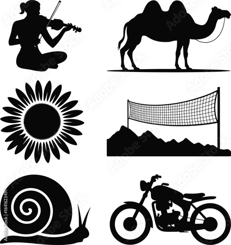 Silhouette collection of violinist camel sunflower volleyball net snail and motorcycle