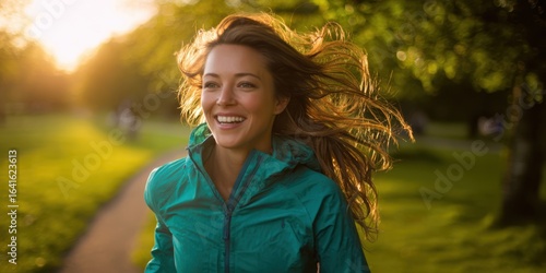 The joyful woman running freely in a sunlit park.