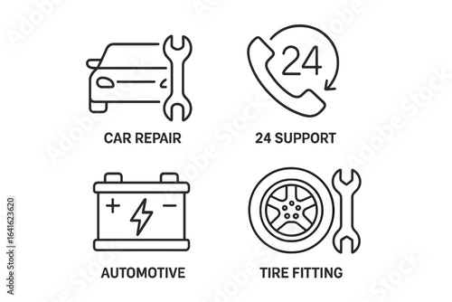 Auto service and car repair line icon set. Conceptual vector icons for garage, maintenance workshop. Features 24-hour support, battery replacement, tire fitting symbols.