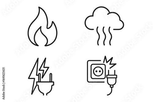 Fire hazard and electrical danger outline icon set. Vector line art symbols of flame, smoke, short circuit, and overloaded socket. Safety warning signs illustration.