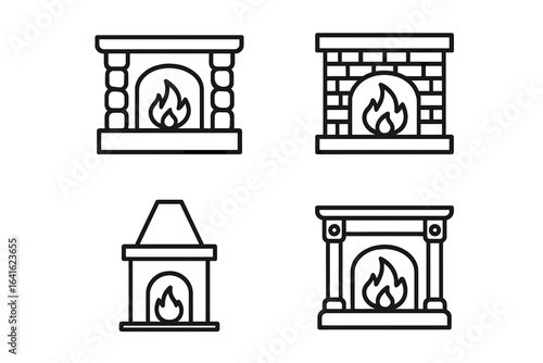 Fireplace Icon Set. Outline vector illustration of fireplace architectural elements with stone mantel, brick hearth, chimney silhouette, classic columns, burning fire flame, home decor, interior