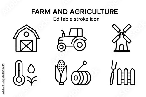 Farm and agriculture line icon set with editable stroke. Outline pictograms of barn, tractor, windmill, corn, hay, harvest, and rural farming for web and apps.