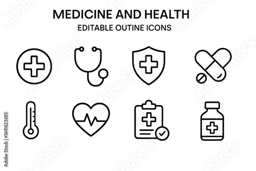 Medicine and health editable outline icons set. Modern medical vector symbols. Cross, stethoscope, shield, pills, thermometer, heart rate, clipboard checklist, vaccine bottle. Healthcare concepts.