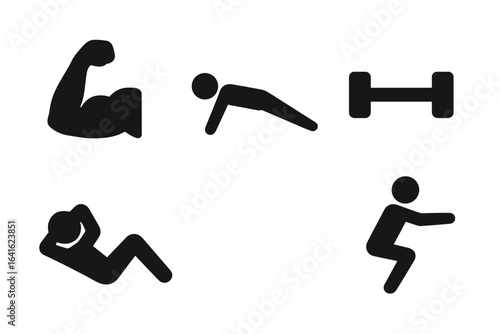 Physical fitness icon set. Solid filled gym and workout vector illustration. Flexed bicep, push-up, sit-up, squat, dumbbell symbols for exercise, strength, training, sports, and healthy lifestyle