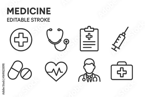 Medicine and healthcare line icon set. Medical symbols for hospital, clinic, pharmacy. Doctor, first aid, syringe, pill, stethoscope, pulse. Editable stroke vector icons.