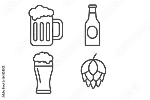 Beer and hops vector icons set. Craft beer mug, pint glass, bottle, hop cone. Outline symbols for brewing, alcohol bar, beverage menu, pub, brewery, website, app, editable stroke. Modern drinks design
