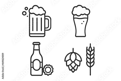 Craft Beer Icons Collection. Vector Line Art Illustrations of Beer Mug, Pint, Bottle, Hop, Barley. Minimalist Thin Linear Style for Brewery, Pub, Restaurant, Menu, Label, Web, Editable Stroke.