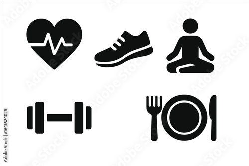 Fitness and Health Icons Set. Bold Flat Silhouette Vector for Heartbeat, Running Shoe, Yoga Pose, Dumbbell, Nutrition Plate. Wellness, Healthy Lifestyle, Exercise, Diet, Gym, Workout Illustration