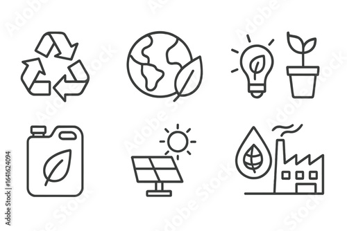 Ecology and environment conceptual line icons set. Vector pictograms collection of sustainability, green energy, conservation, recycling, solar panel, biofuel, and growth.