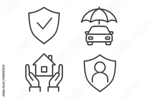 Insurance protection vector icons set. Car insurance, home insurance, personal security, safety shield concept. Editable outline web icons. Linear style graphic resources for apps and websites.