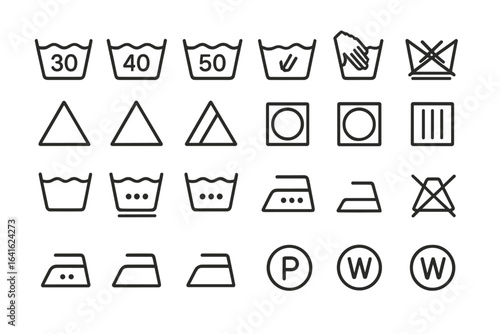 Laundry Care Symbols Vector Set. Washing, Drying, Bleaching, Ironing, Textile Label Icons. Linear Design for Clothing Instructions. Apparel Cleaning Guidelines. International Fabric Care Markings.