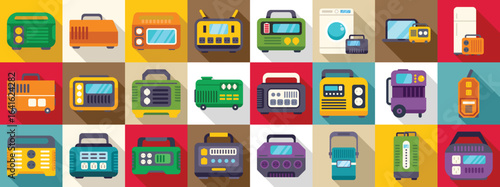 Portable home battery icons set. Portable power stations are supplying power to various appliances, ensuring continuous operation during outages or remote locations