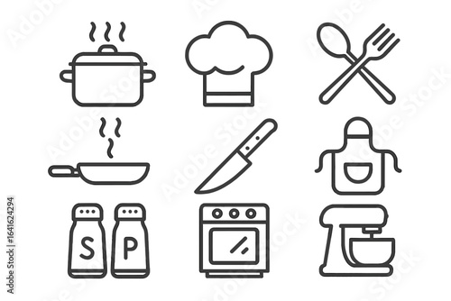 Set of cooking and kitchen vector line icons. Utensils and equipment for food preparation. Chef, restaurant, recipe concepts. Pan, pot, oven, mixer symbols. Isolated.