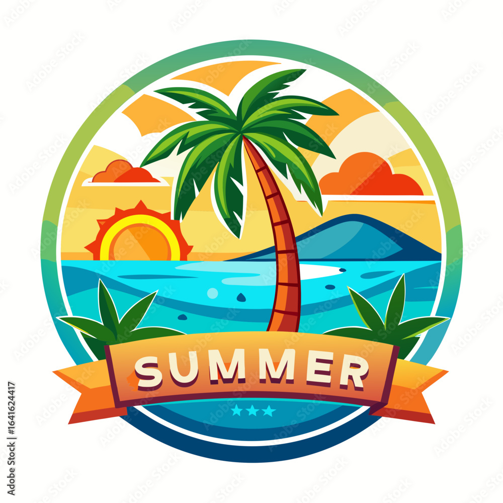 Fototapeta premium Vector art of colorful summer emblem showcasing a single palm tree on a tropical beach with the sun setting over the ocean, featuring a banner with the word summer, perfect for holiday promotions