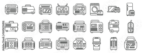 Portable home battery icons set. Portable power stations are supplying power to various devices, offering a reliable backup energy solution for emergencies and outdoor activities