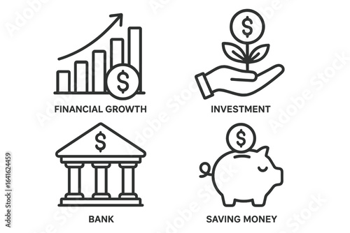 Financial growth, investment, banking, saving money icons set. Vector illustration of business finance concept with chart, piggy bank, bank building, plant and hand, flat linear design for web, apps